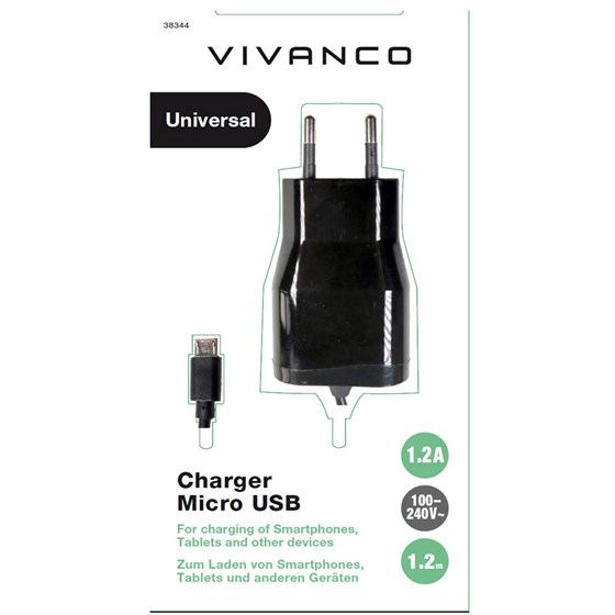 Strujni punjač VIVANCO 38344, 1.2A USB s Micro-USB kabelom, crni