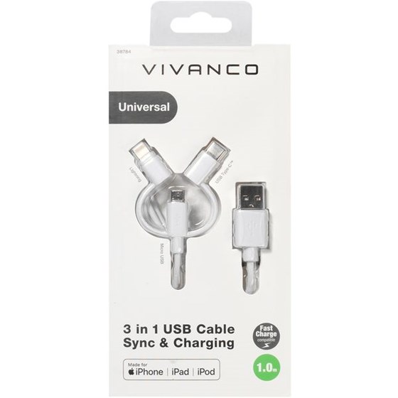 Kabel VIVANCO 38784, Micro-USB, Lightning, Type-C, 1m, bijeli