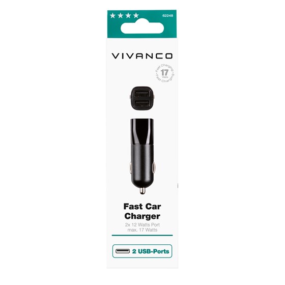 Auto punjač VIVANCO 62248, 2x USB 2,4A, max. 3.4A/17W, crni