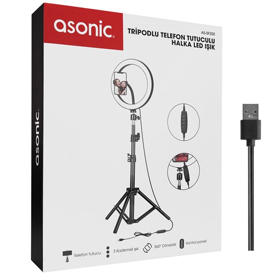 Ring light ASONIC AS-SF200, 10", tripod držač telefona, LED svjetlo, tripod selfie držač