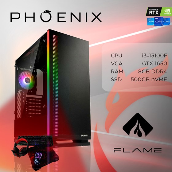 Računalo Phoenix FLAME Y-523 Intel i3 13100F/8GB DDR4/NVMe SSD 500GB/VGA GTX 1650/Set tipkovnica,miš,podloga,slušalice