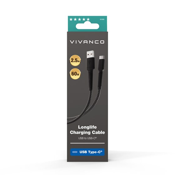 Kabel VIVANCO 61693, Type-C, Long Life, pleteni, 2.5m, crni
