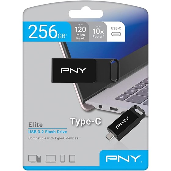 USB stick PNY Elite, 256GB, USB 3.2, Type-C, crni