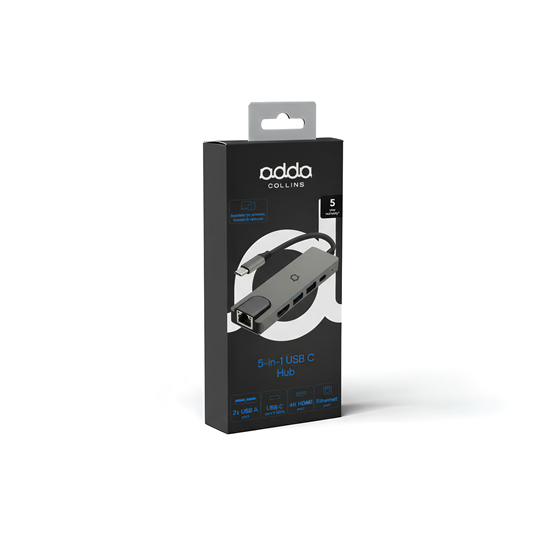 Hub USB-C Adda Collins HUB-002-GM, 5 portni,USB 2.0, USB3.0, Type C PD 100W, HDMI 4K30HZ, LAN Port 10/100, gun metal