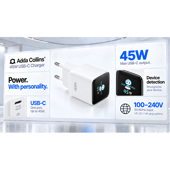 Zidni punjač Adda Collins CH-018-WH, 45W, Type-C, GaN, bijeli